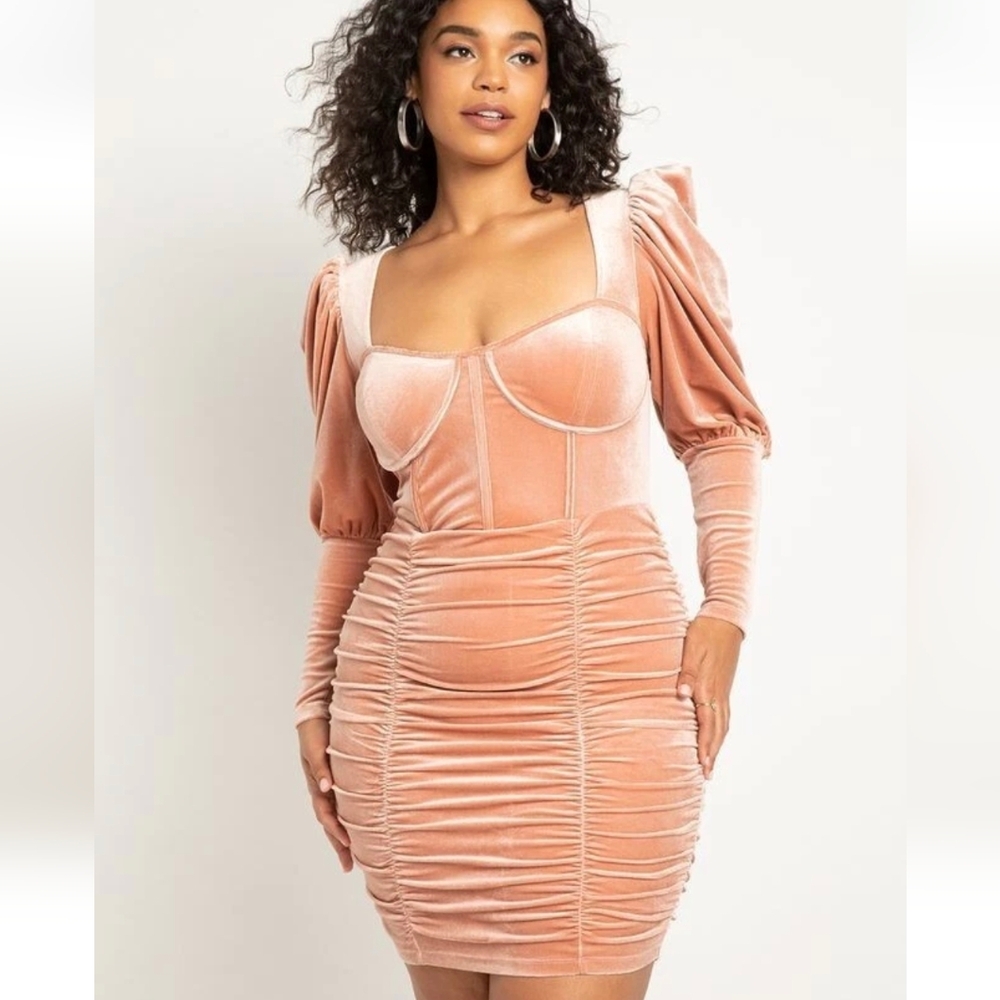 Eloquii Pink Velvet Dress with Puff Sleeve Detail